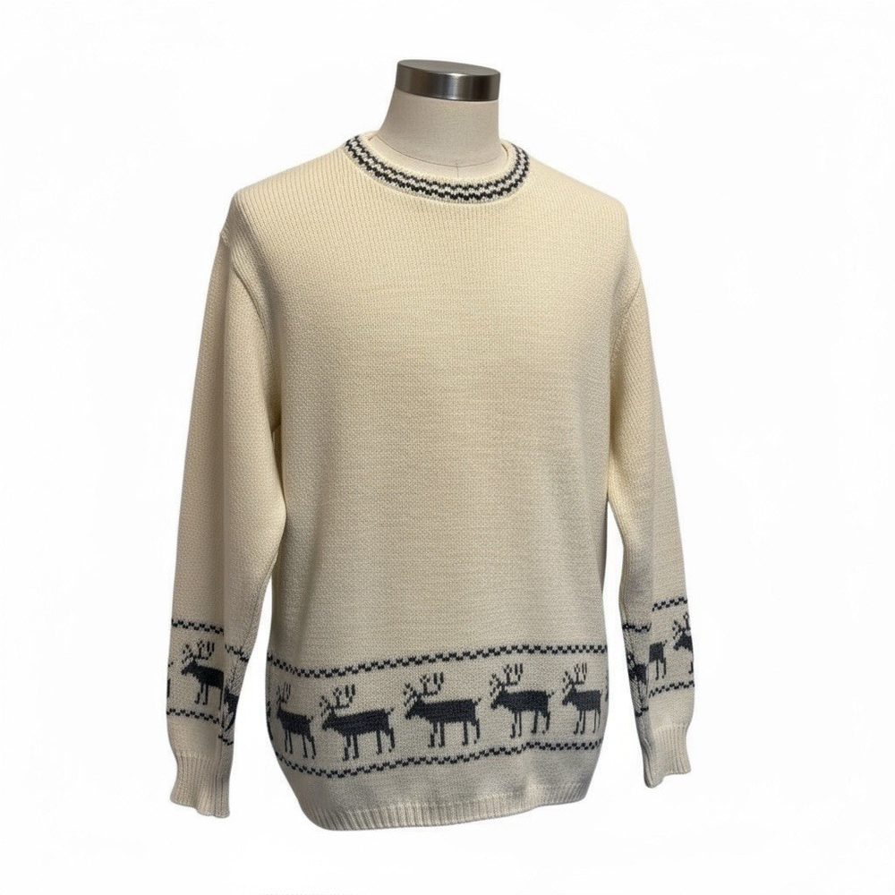 Vintage 70s 80s Jersild Reindeer Sweater Men’s Size Large Cream Blue‎ USA Made